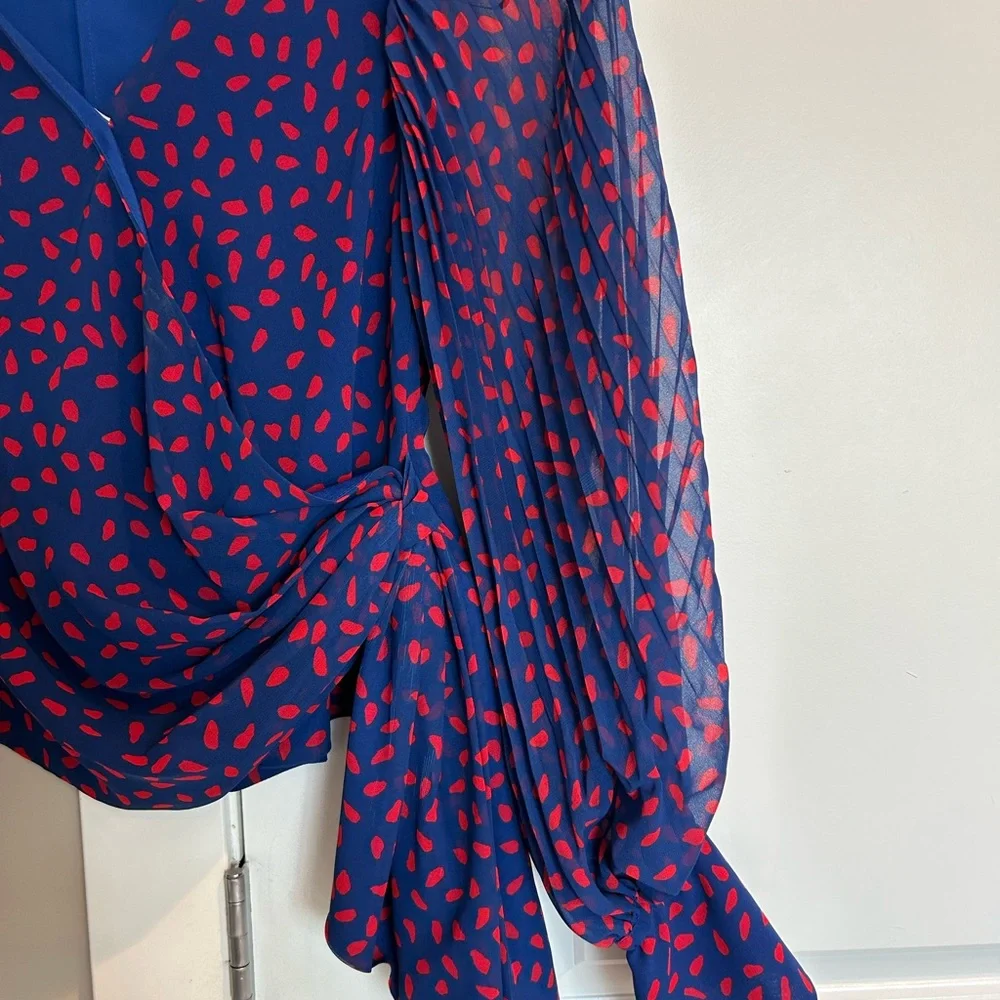 Self portrait crepe printed wrap blouse pleated detail size US 4 blue/red - Picture 7 of 11